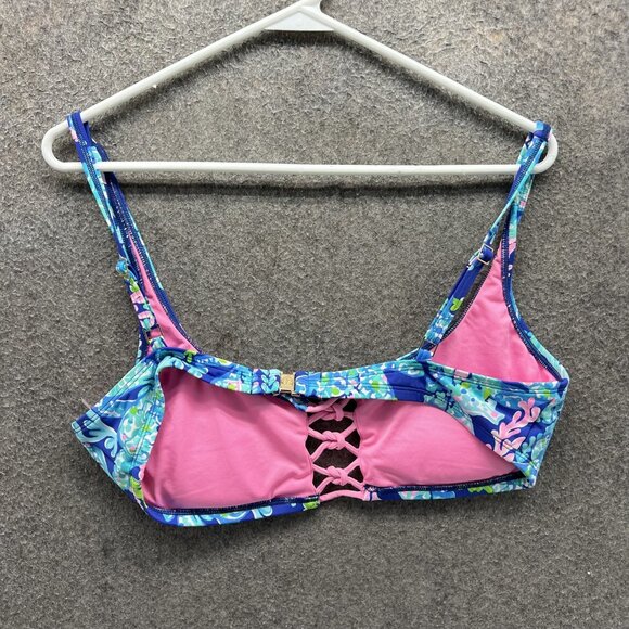 Lilly Pulitzer Bikini Top Womens 14 Blue Floral Lace Up Adjustable Straps Swim - Picture 9 of 11